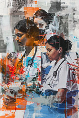 Interdisciplinary Nurses Mixed Media Collage, International Nurses Day, hospital care, dedication and skills.