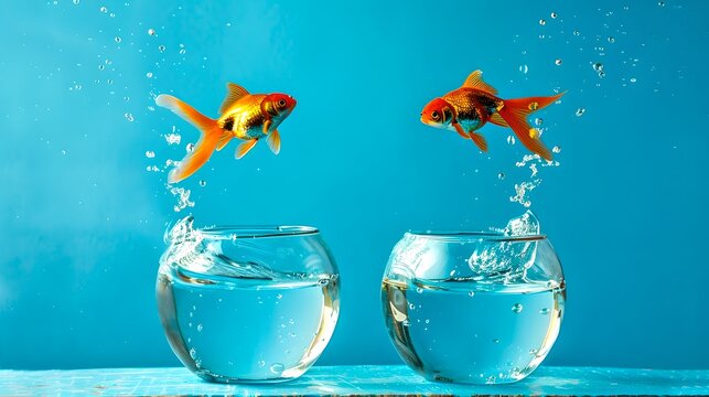 Goldfish leaping between bowls, freedom concept with blue backdrop. Captured mid-jump, vibrant aquatic scene. Creative animal photography. AI