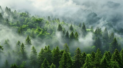 Lush green forest under cloud cover.