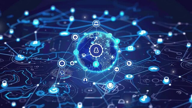 Communication technology background. Visualize a digital globe in the center, surrounded by connected dots and social media icons, depicting a vast, decentralized network. Communication. Social media
