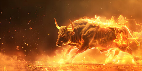 A black Bull running on fire with dark firely background.
