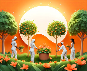 A group of four cartoon-style people gardening in a lush, colorful landscape with an orange sky, large sun, and fruit trees