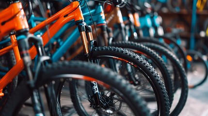 Row of various modern bicycles neatly displayed in a bike shop