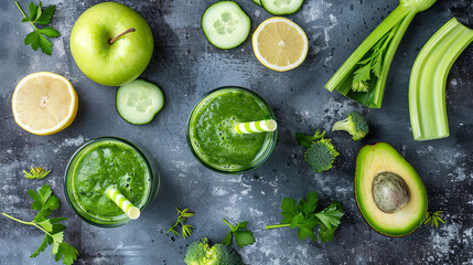 Delicious healthy green smoothie in a glass with vegetables and fruits on a gray isolated background, top view
