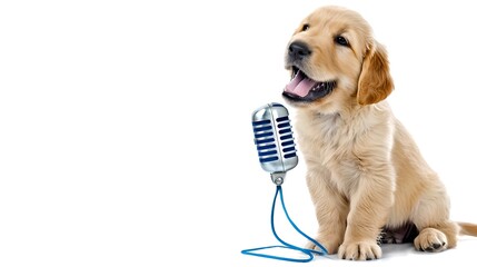 Cute golden retriever puppy ready to sing into a vintage microphone on white background. Perfect for pet lovers. AI