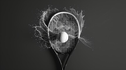 High-resolution image, top view of a tennis ball in motion hitting racket, minimalistic style, monochrome background, sharp studio illumination