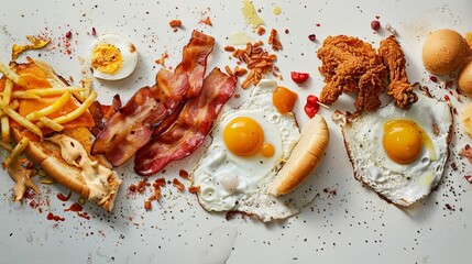 Delicious assortment of junk food including eggs and bacon, and fried chicken, artistically laid out on a white surface
