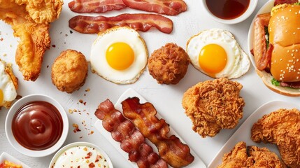 Delicious assortment of junk food including eggs and bacon, and fried chicken, artistically laid out on a white surface