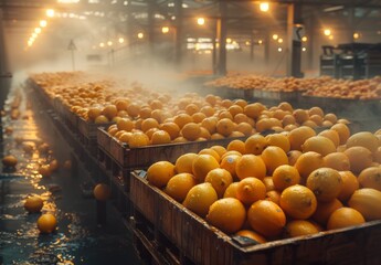 Citrus Processing: Industrial citrus processing plant bathed in steam with abundant oranges filling crates, illuminated by warm light