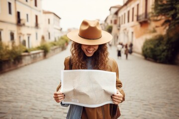 Smiling woman in a stylish hat and autumn jacket holding a map, exploring a quaint European street