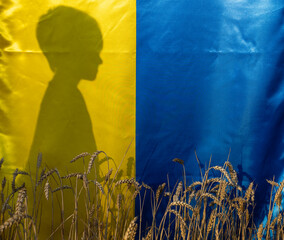 silhouette of an unrecognizable boy standing behind the national Ukrainian blue and yellow flag on...