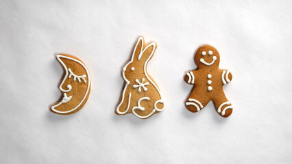 Gingerbread cookies on a white background. Insolated cookies. New Year's Concept. Top View