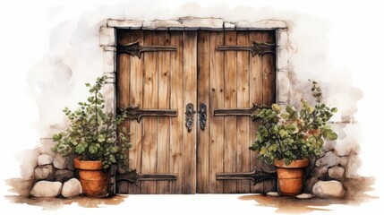 Fototapeta na wymiar A rustic door painted in watercolor in clipart style