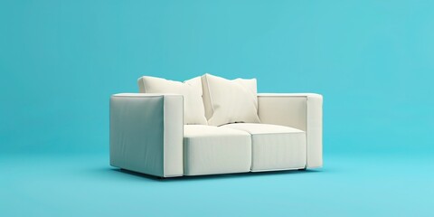 Cream Corner Sofa with Two Armrests and One Seat: Isolated on Blue Background