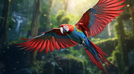 A parrot flies through the jungle