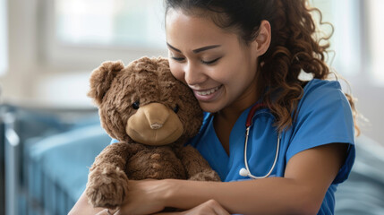 Nurse Comforting Child with Teddy, International Nurses Day, hospital care, dedication and skills.