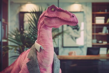 A unique pink dinosaur statue placed in an office setting. Suitable for office decor