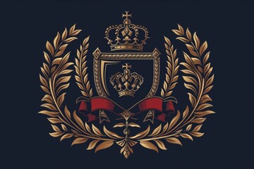 Obraz premium A regal golden crest featuring a crown and ribbon. Perfect for royal and elegant designs