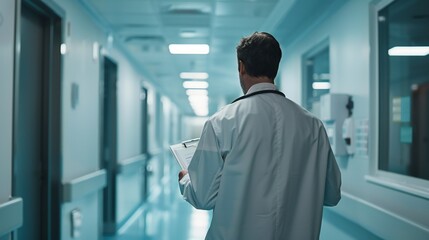 Fototapeta premium Amidst the hospital's hustle, a doctor remains immersed in their review of patient files in the corridor.