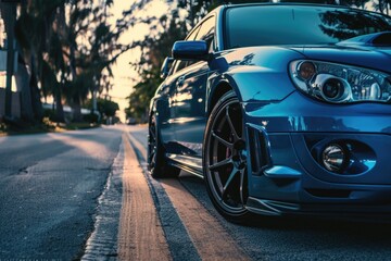 A blue sports car parked on the side of the road. Suitable for automotive industry promotions