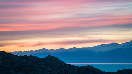 beautiful pink sunset in the mountains. Dawn in the mountains