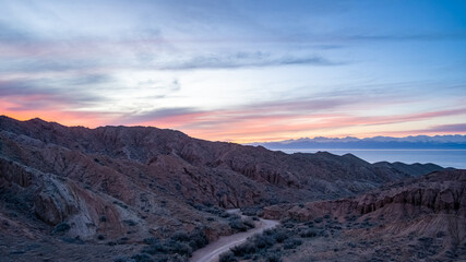 beautiful pink sunset in the mountains. Dawn in the mountains