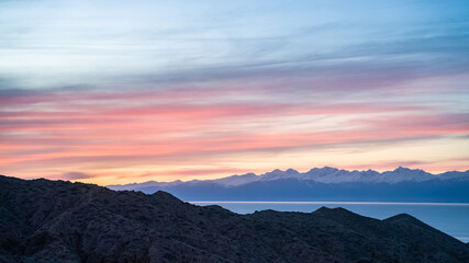 beautiful pink sunset in the mountains. Dawn in the mountains