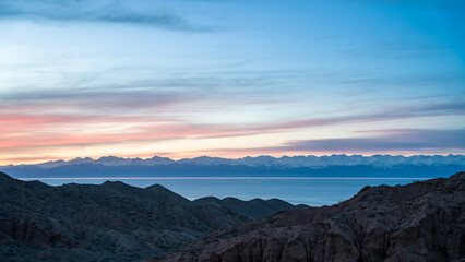 beautiful pink sunset in the mountains. Dawn in the mountains