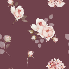 Seamless pattern with bouquets of flowers. Spring roses in watercolor style