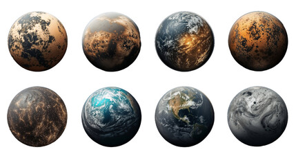 Set of imaginary planets on isolated transparent background.