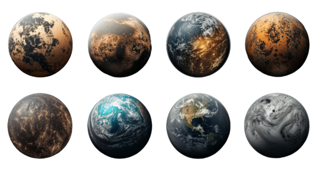 Set of fictional planets in a transparent background
