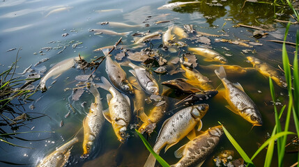 Fish dead killed from polluted water in lake pond. global warming