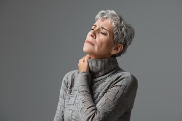 A woman with gray hair wearing a turtle neck sweater. Suitable for various lifestyle and fashion concepts