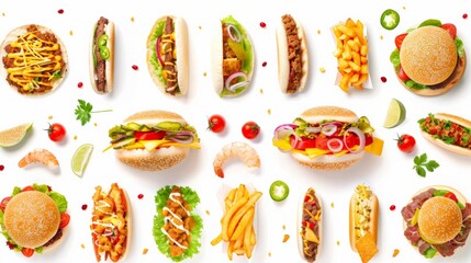 Diverse fast food collection set against a white background, showcasing a feast of colors and choices