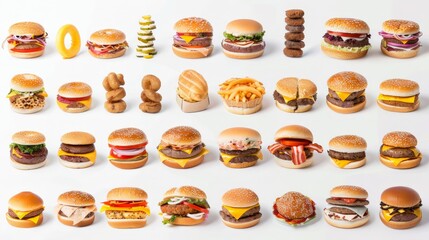 Diverse fast food collection set against a white background, showcasing a feast of colors and choices