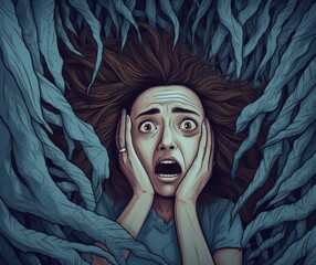 Frightened Woman Surrounded by Twisted Roots in Surreal Illustration - obrazy, fototapety, plakaty