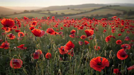 Landscape shot of a field of red poppies in evening time on Memorial Day.