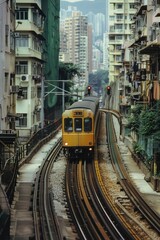 A yellow train traveling down train tracks next to tall buildings. Ideal for transportation and urban cityscape concepts