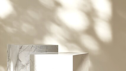 Two modern marble white cuboid table podium in sunlight on beige wall room. Luxury cosmetic, skincare, beauty, body, hair care, treatment, fashion product display background 3D