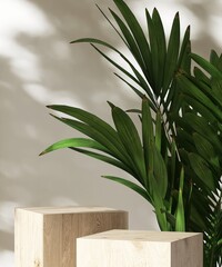 Two modern wooden cuboid table podium, tropical green palm tree in sunlight on beige wall room....