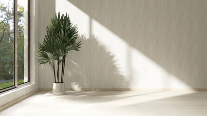Empty room with white wallpaper wall, plant in sunlight from window, tree shadow on wood laminated...