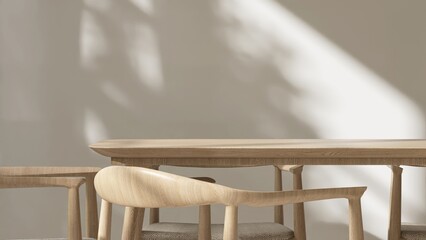 Close up of modern, minimal wooden dining table and chair in sunlight on white wall dining room,...