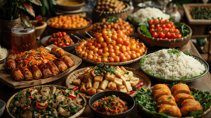 Variety of cuisine dishes, produce, and natural foods on the table