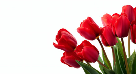 Fototapeta premium Red tulips bouquet, on white background. Spring and Valentine's Day concept. Banner with copy space. Design for greeting card, invitation, poster.