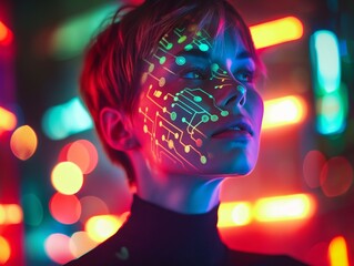 Person with futuristic neon circuit patterns projected onto their face against a vibrant bokeh light background.