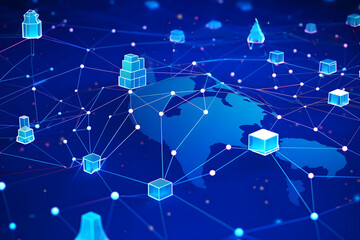 tetrahedral internet of things, iot, connectivity map on blue background minimal iot network layout