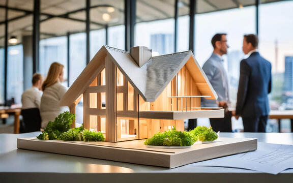 a scale model of an eco wooden house design in an architectural office, AI generated