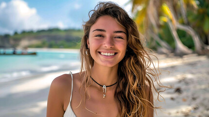 Radiant young woman with curly hair smiling on a sunny tropical beach.
