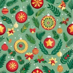Seamless pattern of festive holiday decorations like ornaments and wreaths, Generative AI