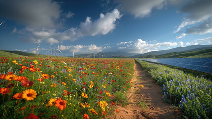 A flower path winding through a field with solar panels under a sunny sky